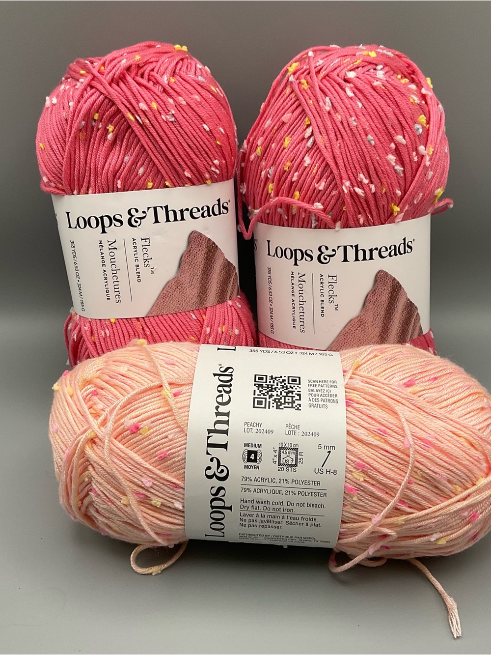 Loops & Threads Flecks Yarn Lot 3-185 gr Skeins Peachy & Deco Rose Acrylic Blend